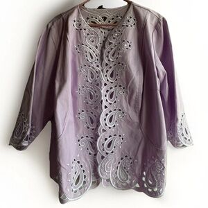 Bob Mackie Wearable Art Woman’s Lavender   Paisley Cutout Trim Jacket Scalloped